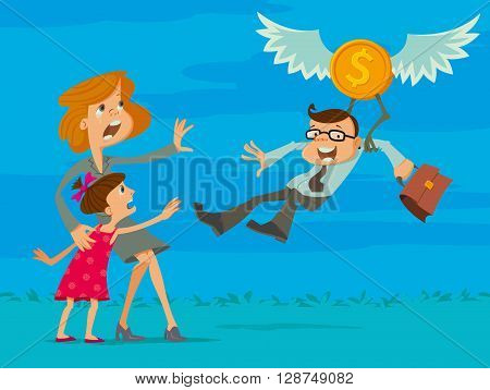 man flying on the wings of financial success away from family