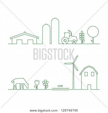 Thin line flat design of rural landscape. Thin line abstract countryside with tractor sun and corn. Set of design elements for rural landscape isolated. rural landscape with house and wind mill.