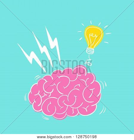 Vector hand drawn brain with light bulb. Idea concept.