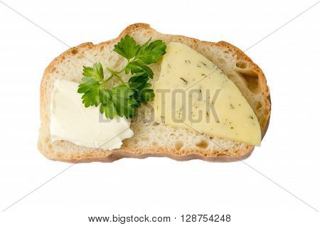 Bread with butter and cheese isolated on white background