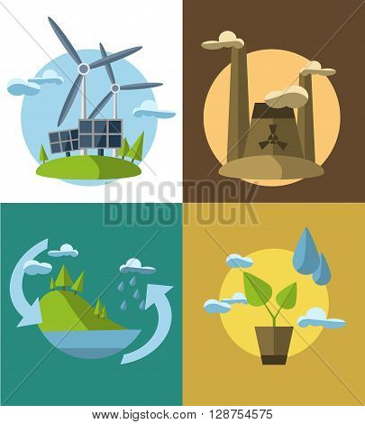 Set of vector flat design concept illustrations with icons of ecology, environment, green energy and pollution