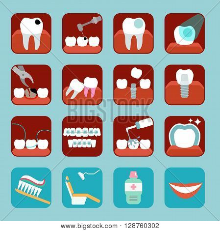 Set of 16 simple icons. Stomatology and dental procedures flat icons. Toothcare vector illustration