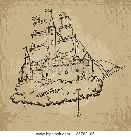 Flying castle ship. Hand drawn vector stock illustration