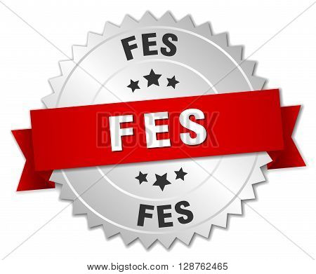 Fes round silver badge with red ribbon