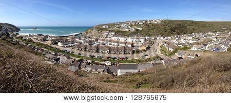 Portreath Cornwall England UK, May 3rd 2016. Panoramic view of the Cornish seaside village and coast.