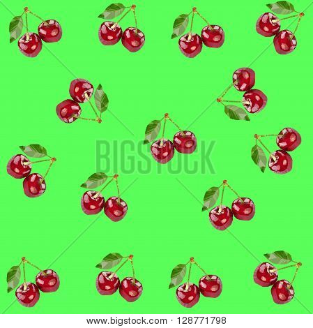 Vector illustration. Cherry low poly seamless pattern. Picture with polygonal berry on the green background.