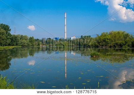 Thermal power plant chimney over lakes Savica in Zagreb, Croatia, nature pollution
** Note: Visible grain at 100%, best at smaller sizes