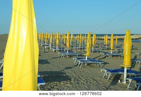 Yellow Closed Sun Umbrellas On Sea Beach With Sun Loungers