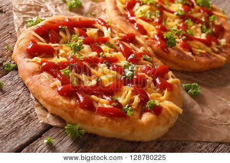 Tasty Langos With Cheese And Ketchup Close-up. Horizontal