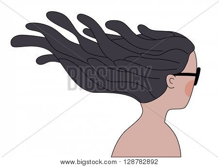 A flat vector cartoon illustration of a naked brunette girl with long hair blown by tempered winds wearing sunglasses from the back
