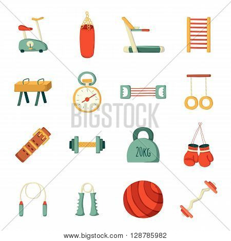 Set of vector cartoon gym icons. Sport healthy life concept. Fitness equipment design. Sport gym cartoon vector objects. Indoor gym equipment. Fitness activity concept. Cartoon fitness club equipment