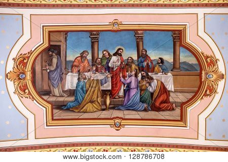 STITAR, CROATIA - AUGUST 27: Last Supper, fresco in the church of Saint Matthew in Stitar, Croatia on August 27, 2015