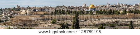JERUSALEM ISRAEL - JANUARY 5: Panoramic view of the Temple Mount Dome of the Rock and Al Aqsa Mosque from the Mount of Olives in Jerusalem Israel January 5 2016