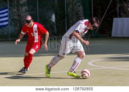 Thessaloniki Greece - May 7 2016: Undefined players in action during of 2nd IBSA Euro Challenge Cup and Thessaloniki International Blind Football Tournament between the teams Bordeaux vs Turkey
