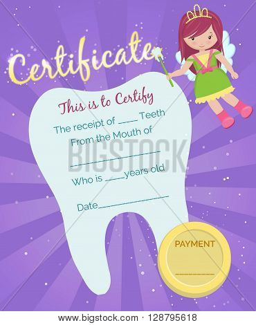 Cute tooth fairy receipt certificate template with sparkling tooth, tooth fairy girl and coin. Reward for children who loose their baby teeth.