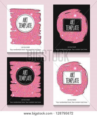 Modern eclectic pink glitter flyer, poster, card template. Vintage dotted shadows, glamourous pink glitter texture, minimalistic background and casual text.