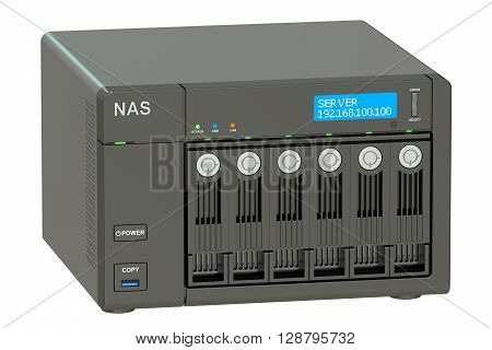 NAS with 6 disks 3D rendering isolated on white background