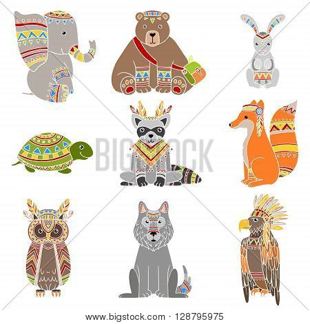 Animals Wearing Tribal Clothing Set Of Colorful Flat Isolated Icons In Cool Detailed Artistic Design Isolated On White Background