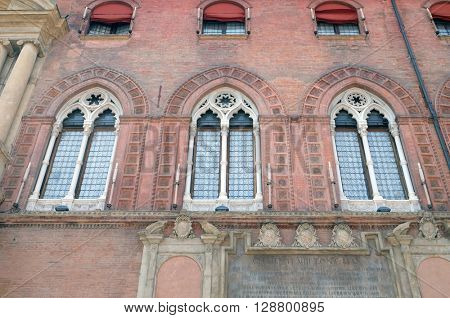 BOLOGNA, ITALY - JUNE 04: Windows, Palazzo Comunale Palace Building - City Hall in Bologna, Italy, on June 04, 2015