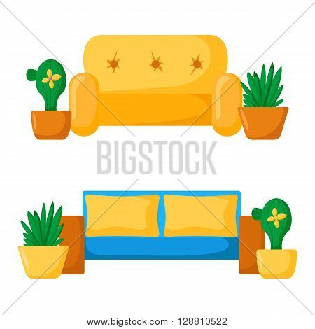 Vector sofa interior. Cartoon living room interior with sofa and houseplants. Vector illustration with front view sofa interior. Home relaxing. Isolated sofa interior. Cartoon furniture indoor design
