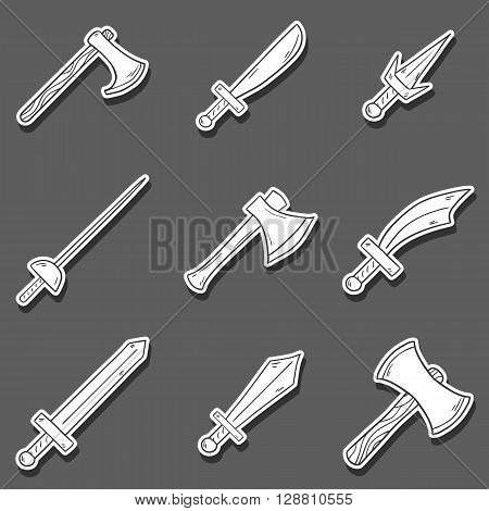 Vector hand drawn cartoon game weapon illustration. Historical steel arms. Warrior cartoon equipment. Vector blade sword axe weapon. Steel arms set. Hand drawn vector swords. Game weapon collection