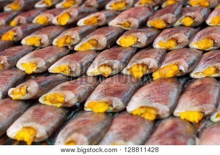 Close up salted Snake Skin Gourami drying fish