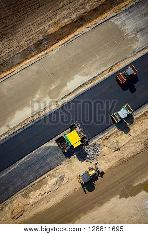Road Rollers Working On The Construction Site Aerial View