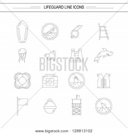 Vector flat line beach lifeguard beach objects: buoy shark medusa lifebuoy life vest whistle. Line vector lifeguard icons. Emergence survival security beach nautical objects. Summer line icons