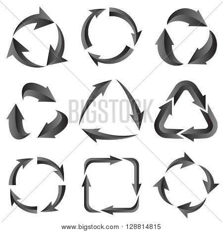 9 of gray arrows pictogram refresh reload rotation loop sign set. Vector illustration for design on white background