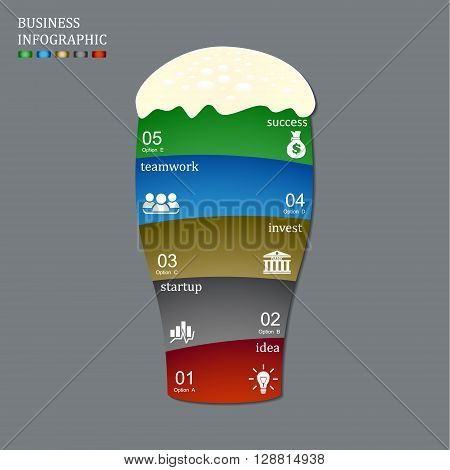 Template for vector beer glass infographic diagram graph presentation chart. Business startup idea concept with 5 options parts steps or processes.