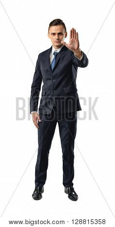 Cutout businessman showing stop hand sign. Talk to the hand. Sarcastic and obnoxious sign. Shut up. Business staff. Office clothes. Dress code. Presentable appearance.