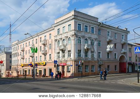 GOMEL BELARUS - May 1 2016: Unidentified people walk on the Street Sovetskaya near cafe confectionery 