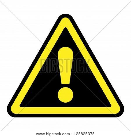 Hazard warning attention sign. Icon in a black triangle with yellow exclamation mark symbol isolated on a white background. Traffic symbol. Stock vector illustration