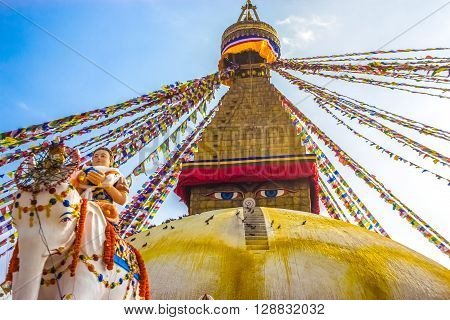 Eyes of buddha are watching the god riding an Elephant in the sacred place of buddhist in Boudhanath Stupa KathmanduNepal.