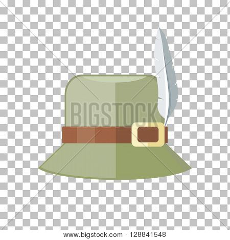 Summer hat isolated on checkered background. Green panama with brown ribbon for protection from sun and rain weather conditions. Hunter hat with feather. Garment for wearing head. Vector illustration