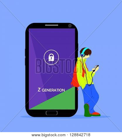 Z generation illustration. Teenage boy with a phone and headphones, standing near the big smartphone.