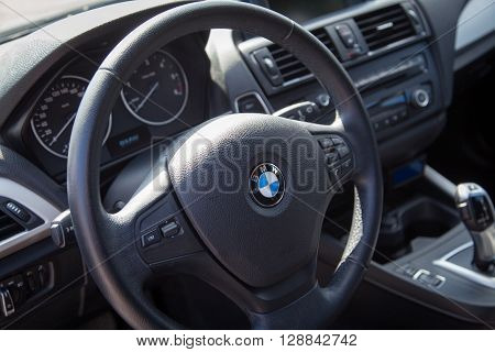 VARNA BULGARIA - MARCH 17 2016: The Interior of BMW Steering Wheel. BMW is a German automobile motorcycle and engine manufacturing company founded in 1916.