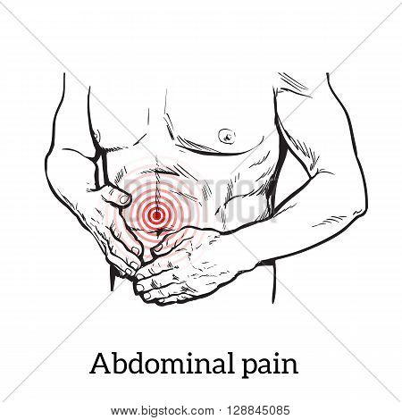 Abdominal pain in men, stomach and bowel disease, digestive problems, sick intestines, sketch hand-drawn image of the man holding his sick stomach, detailed image of the stomach, health problem