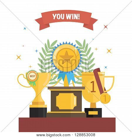 Winner trophy cup set with medals with ribbon and laurel wreath.Flat vector illustration