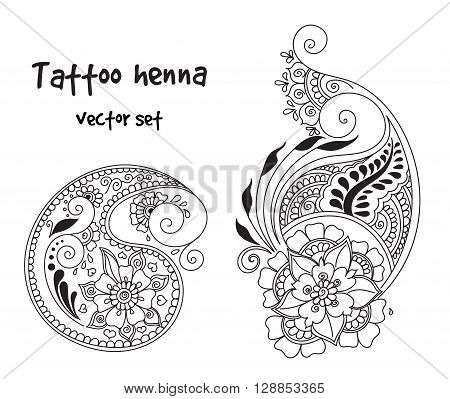 Vector abstract pattern of tattoo henna paisley. Stock mehndi illustration for design on white background - indian cucumbers.