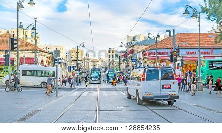 JERUSALEM ISRAEL - FEBRUARY 18 2016: The Yafo Road is one of the main city streets connecting Central Bus Station with the old city on February 18 in Jerusalem.