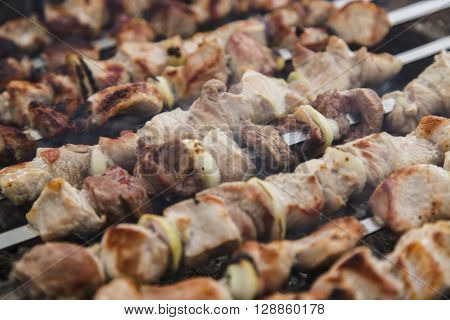 The pork shish kebabs prepared on a brazier for a holiday