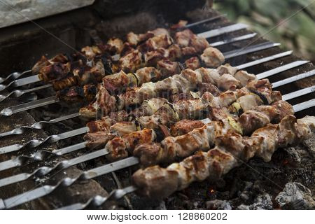 Barbecue skewers with meat on the brazier