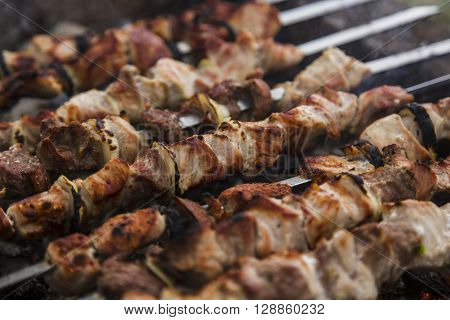The pork shish kebabs prepared on a brazier for a holiday