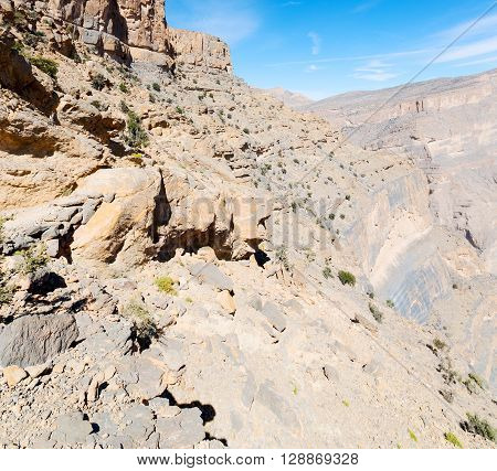 In Oman  The Old Mountain Gorge And Canyon The Deep Cloudy  Sky