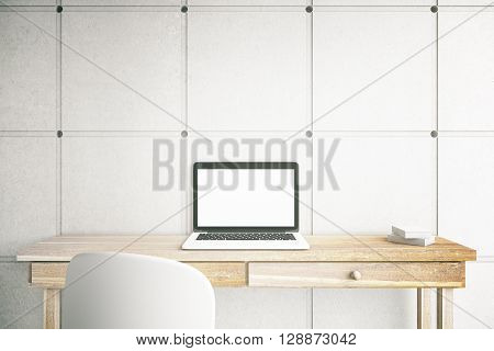 3D Rendering of blank mock up laptop screen on office desktop. Home freelance desktop with open laptop computer with white copy space display. Business via internet concept