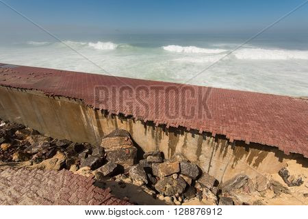 Promenade of Sao Conrado in Rio de Janeiro is Ruined by Strong Ocean Waves