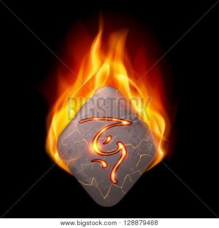 Ancient diamond-shaped stone with magic rune in orange flame