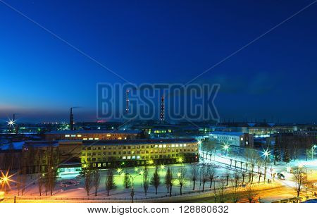 Top view of the factory at night. Russia city of Nizhny Tagil the production Association 
