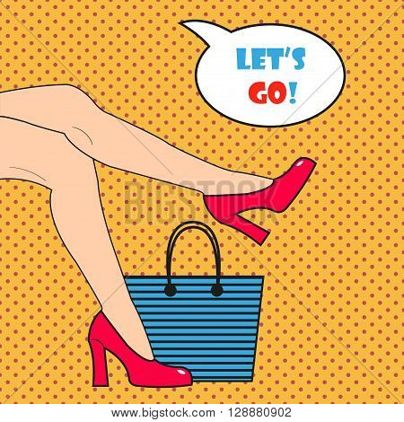 Pop art woman's legs in pink shoes. Pop art woman's legs in comics style. Shoes and beach bag.  Comic woman with speech bubble. Retro style
